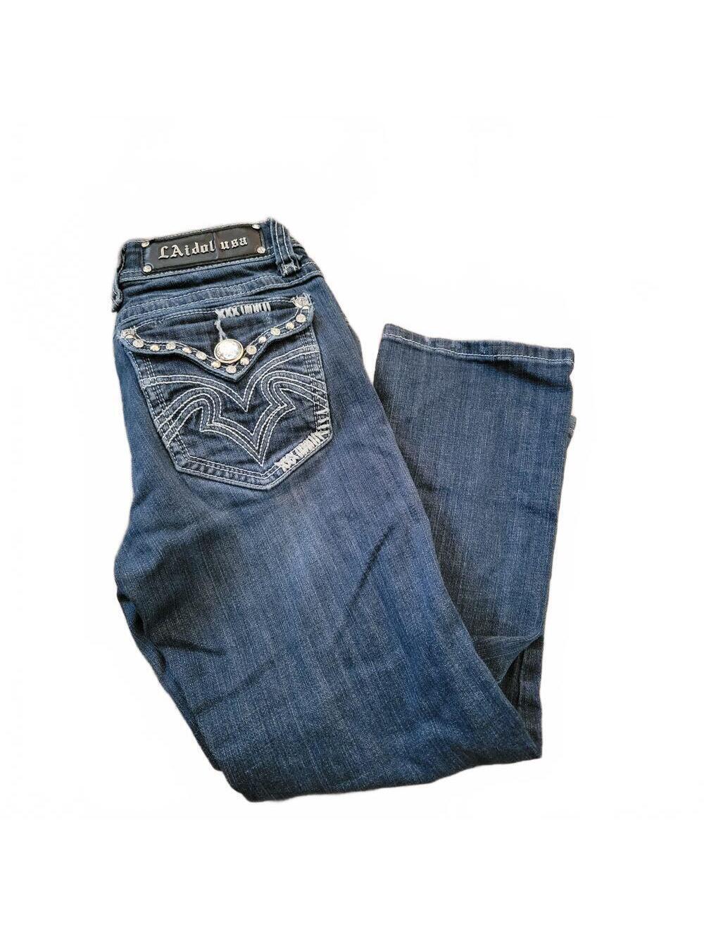 LA Idol USA Capri Jeans Size 5 Embellished Rhinestone Flap Pockets Dark Wash